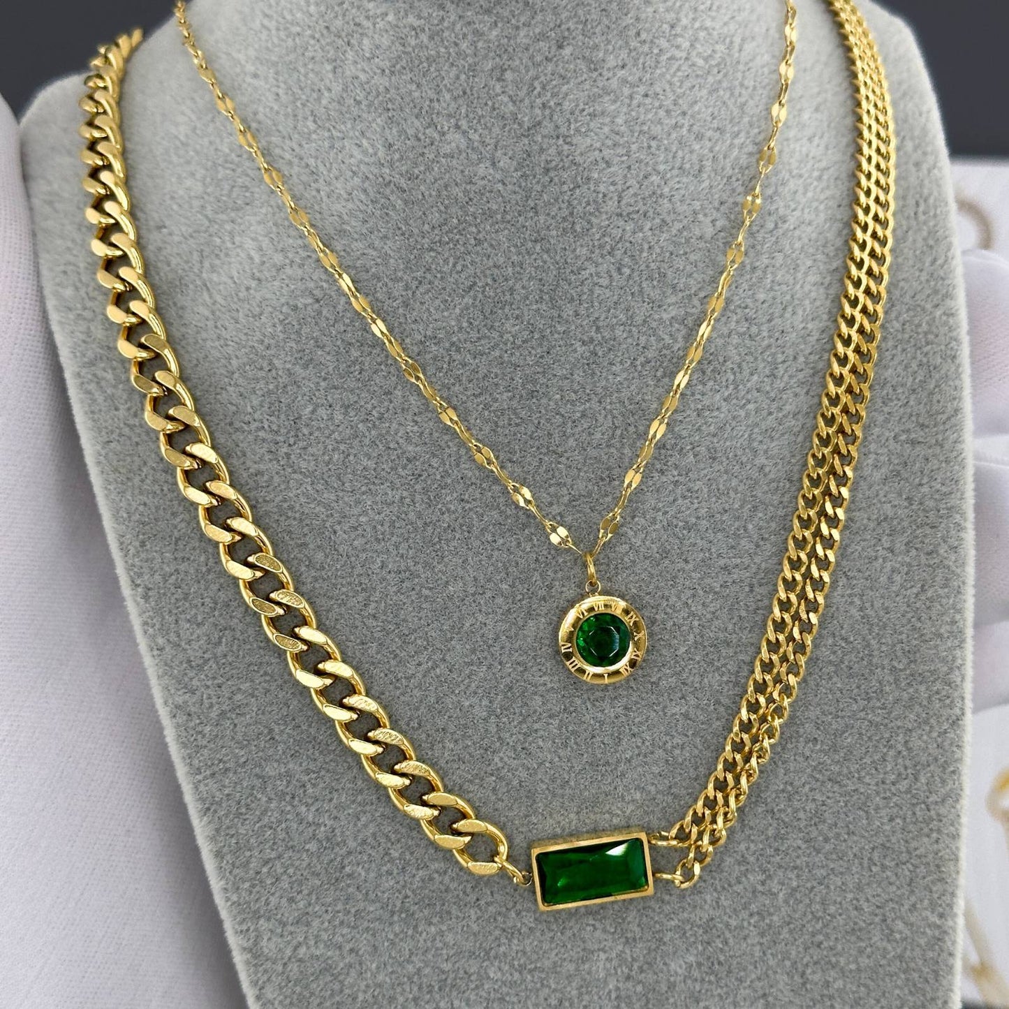 18K Gold Plated Stainless Steel Emerald Roman Numeral Necklace