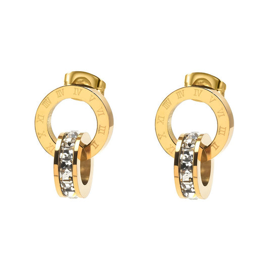 18K Gold Plated Stainless Steel Roman Numeral with Zirconia Stud Earrings