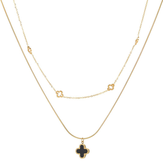 18K Gold Plated Stainless Steel Double-Sided Black/White Four-Leaf Clover Layered Necklace