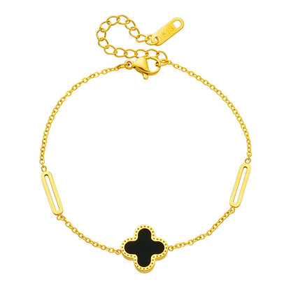 18K Gold Plated Stainless Steel Double-Sided Black/White Four-Leaf Clover Bracelet