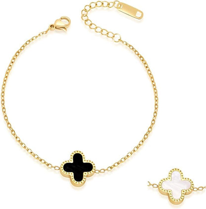 18K Gold Plated Stainless Steel Double-Sided Black/White Four-Leaf Clover Bracelet