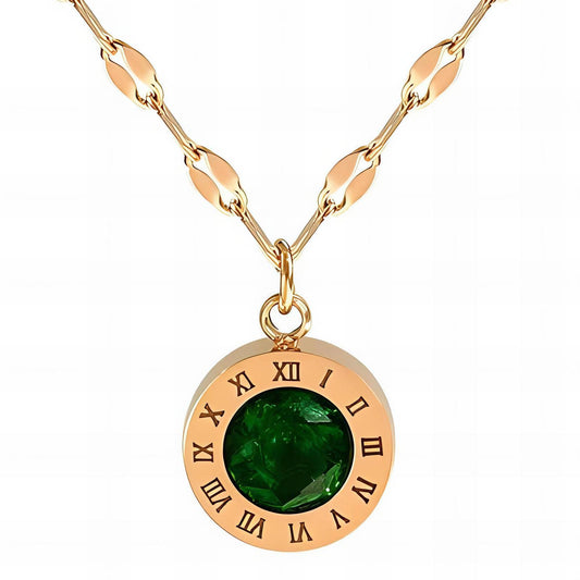 18K Gold Plated Stainless Steel Emerald Roman Numeral Necklace